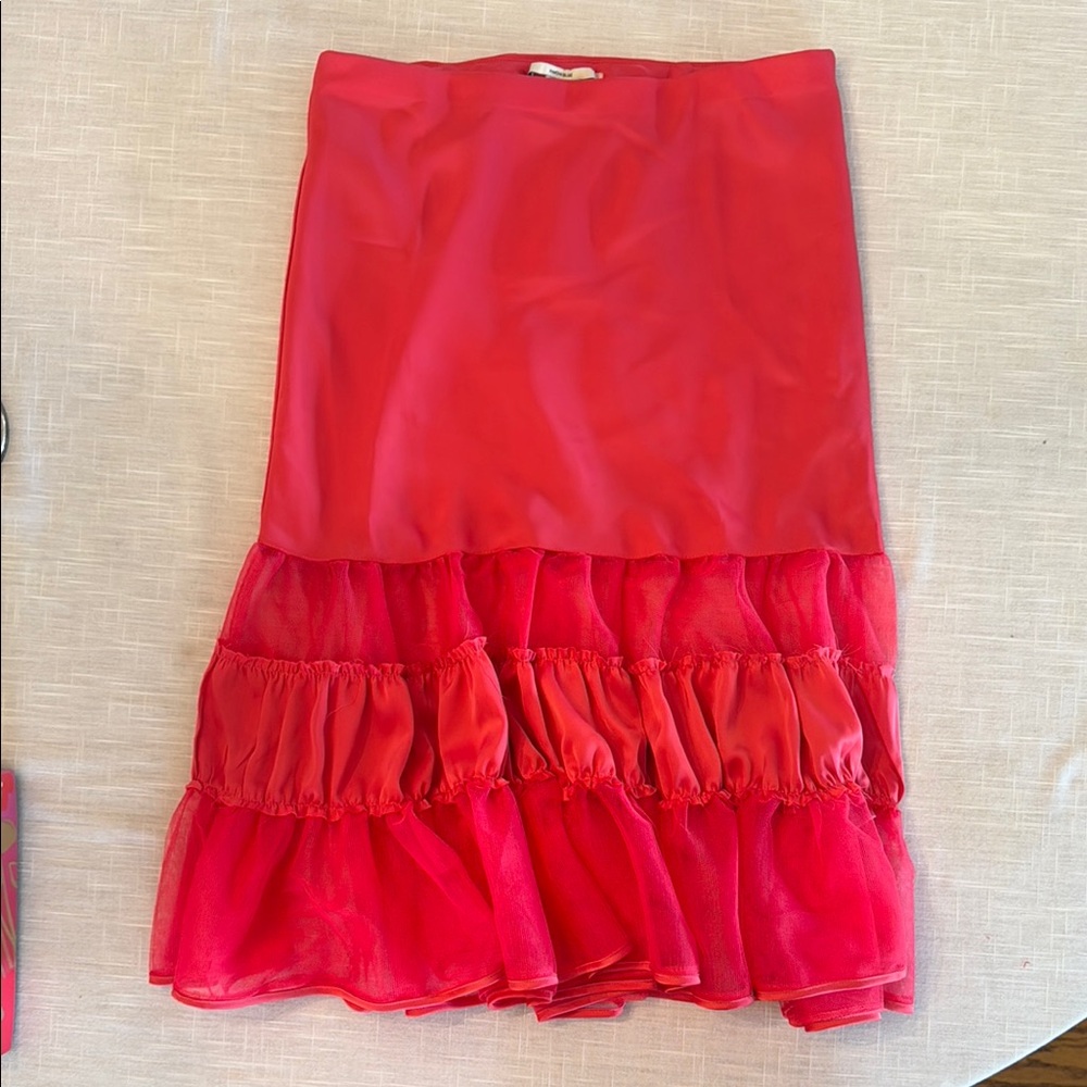 Red Asymmetrical Bubble Skirt with Ruffled Tiers